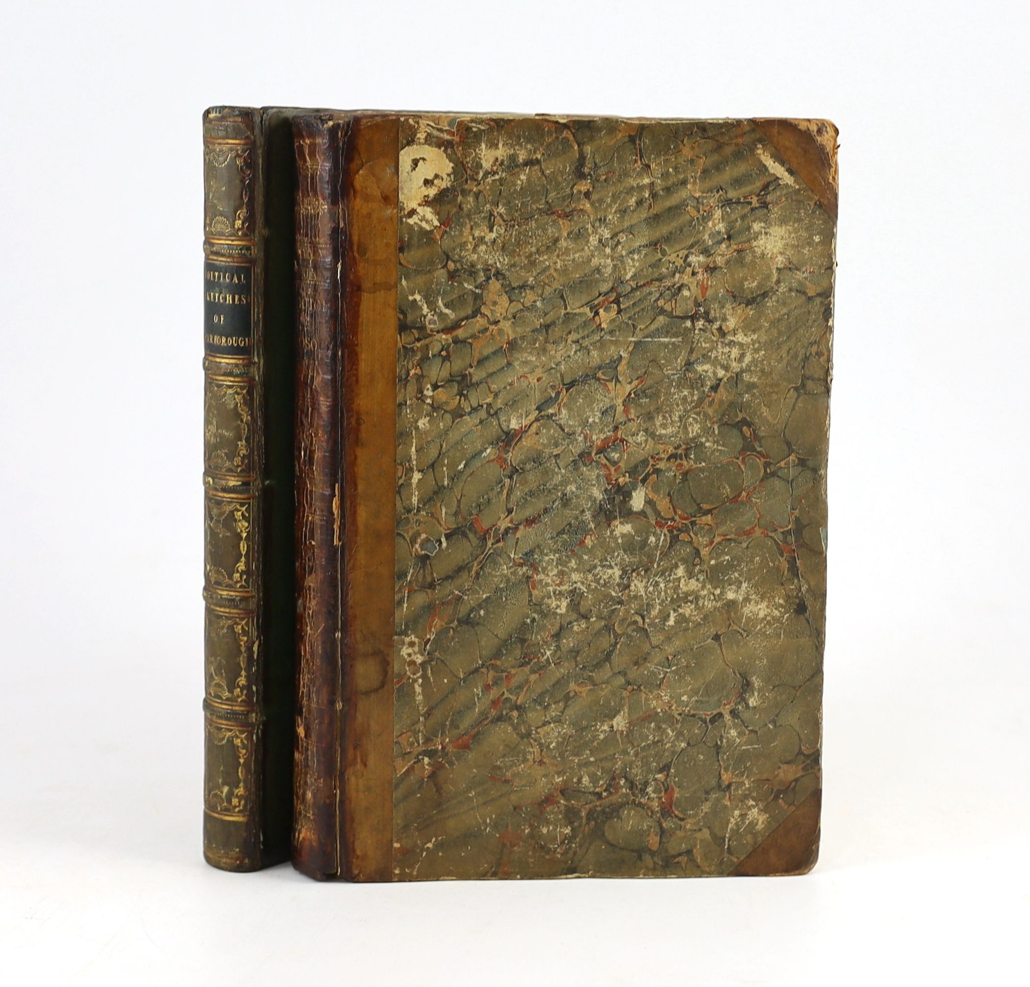 Ackermann Publications, Rudolph - Poetical Sketches of Scarborough, 2nd edition, with frontis and 21 hand-coloured plates by Thomas Rowlandson, 8vo, half green morocco, London, 1813 and Combe, William - Syntax Imitations